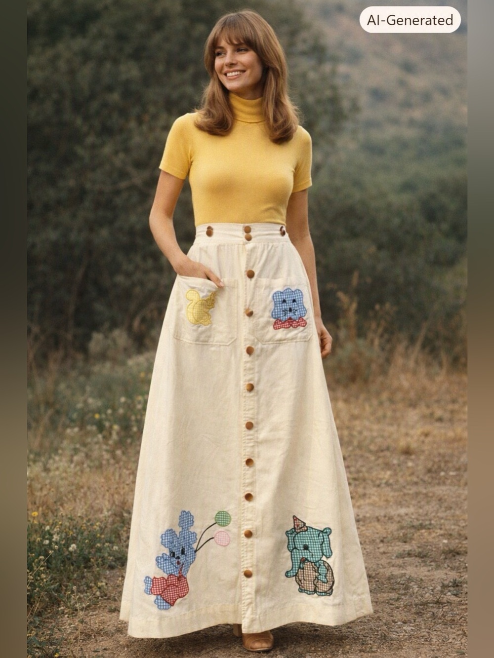 Vintage Cream Button-Front Flared Maxi Skirt with Colorful Appliqués